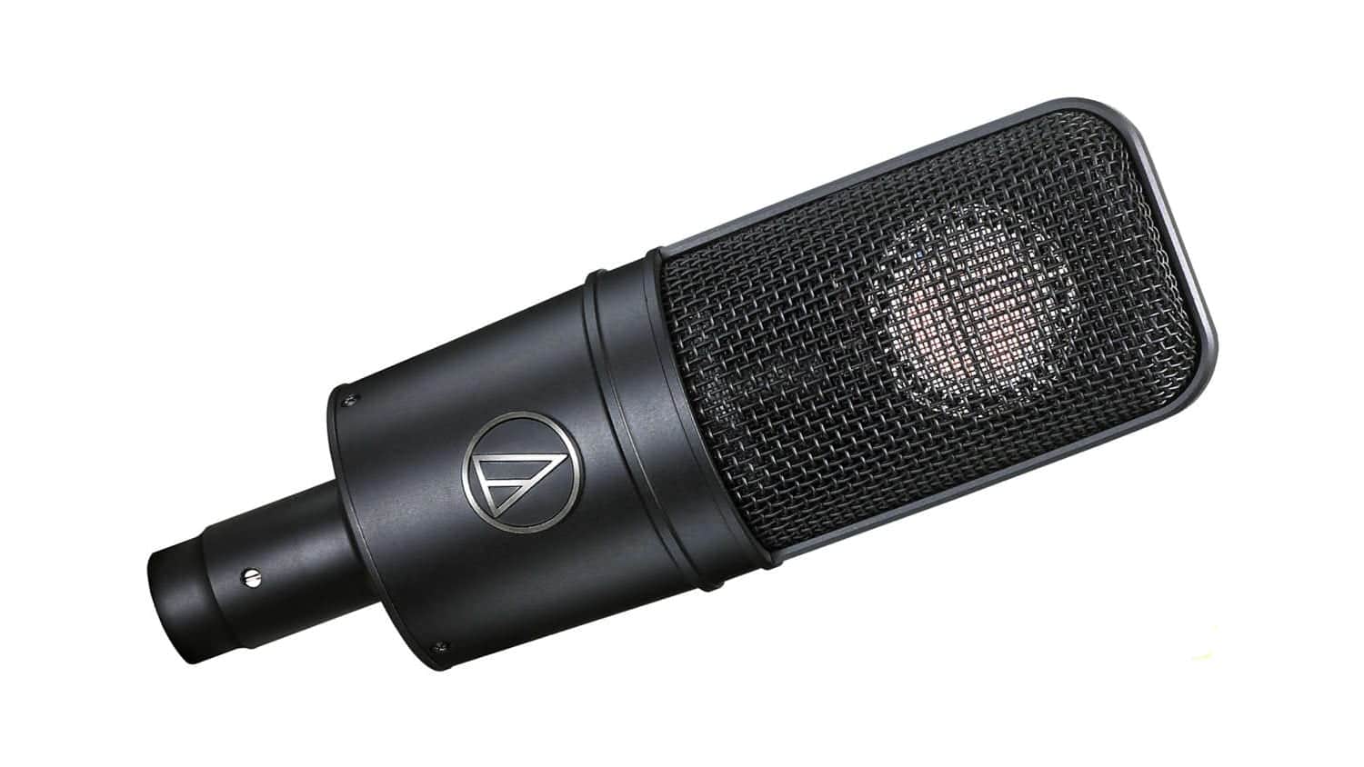 audio-technica at4040 angled front shot with black enclosure and windscreen and Audio-Technica logo
