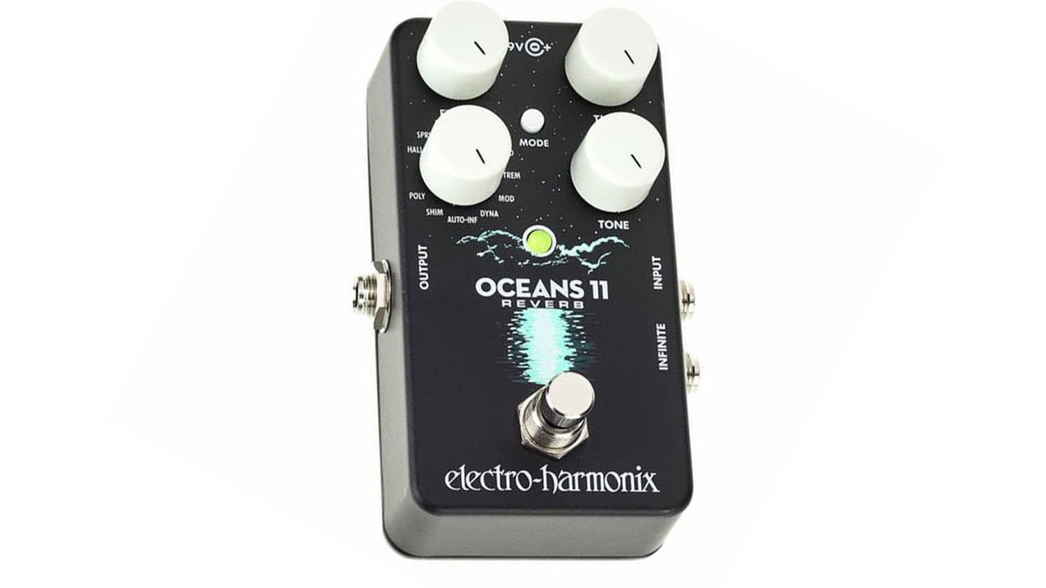 Electro-Harmonix Oceans 11 reverb pedal top shot with black enclosure and white control knobs