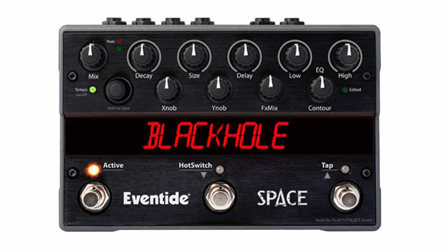 Eventide Space reverb pedal top shot with controls, footswitches, and LED settings display